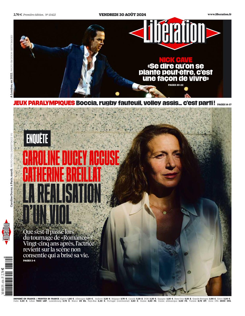 🔎 ENQUÊTE. Caroline Ducey accuse Catherine Breillat : la réalisation d’un viol

Que s’est-il passé lors du tournage de «Romance» ? Vingt-cinq ans après, l’actrice revient sur la scène non consentie qui a brisé sa vie.

C'est la une de @Libe ce vendredi.