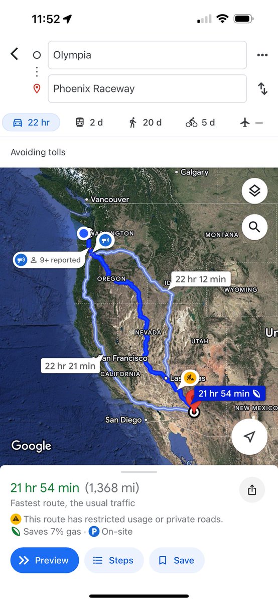 blairrridc's tweet image. NASCAR fans — how long is the drive to the 3 closest cup series tracks on the schedule from your house? I’ll go first. 
1. Sonoma 12 hours 
2. Vegas 17.5 hours 
3. Phoenix 22.5 hours