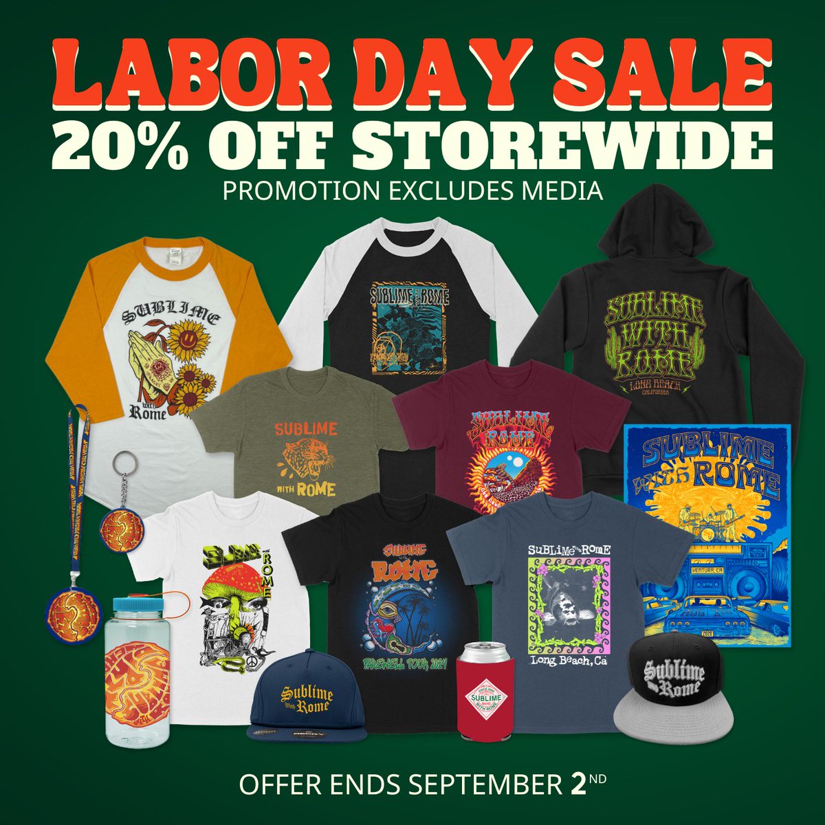 Coming your way with 20% off all our merch apparel, and yes that includes the Farewell Tour merch if you couldn't grab one at a show 🤙 Get yours at sublimewithromestore.com