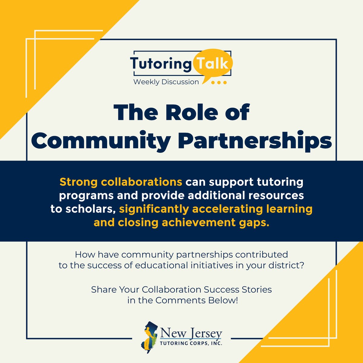 Welcome to our fourth Tutoring Talk: Weekly Discussion! 🎉

This week, we're exploring how community partnerships boost educational outcomes!

From NJ colleges to BookSmiles and local school districts, see how collaboration enhances tutoring.

Share your thoughts below!

#NJTC