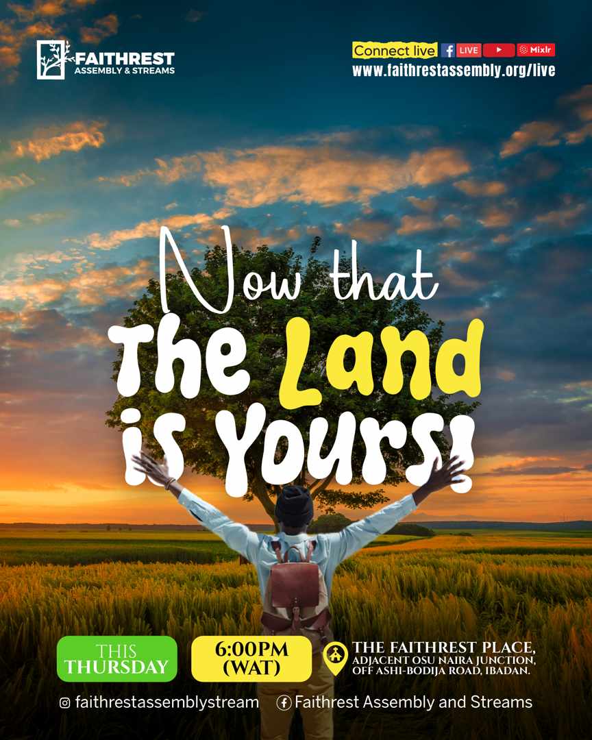 FaithRestStream's tweet photo. What will you do when your purposes ,dreams and prayers come to pass? 

NOW THAT THE LAND IS YOURS is a comparative Bible study encouraging us to use power and influence in ways different from the predictable ways of men.

6pm Tonight. https://t.co/lcHnumGfKD