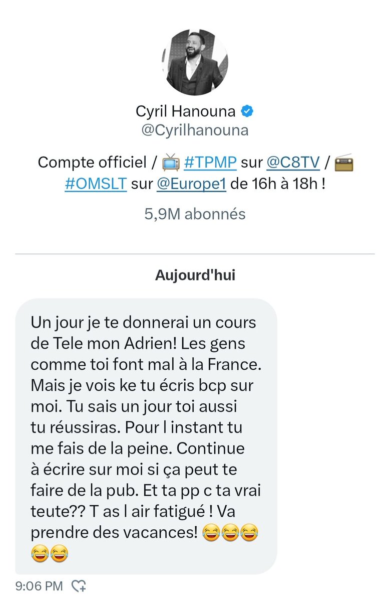 Le petit DM de Cyril reçu hier soir, j'en étais honoré ! #vraieteuté