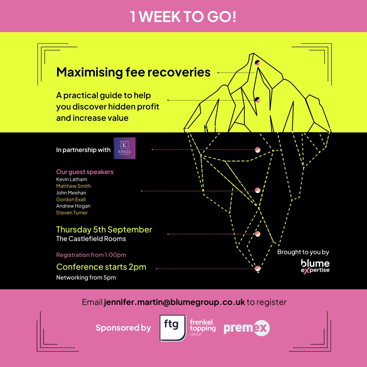 1 WEEK TO GO! 
Email jennifer.martin@blumegroup.co.uk to confirm your attendance

Join Blume on Thurs 5th September at The Castlefield Rooms  for our  Blume Expertise event.
🚀 Maximising fee recoveries: A practical guide to help you discover hidden profit and increase value 🔍