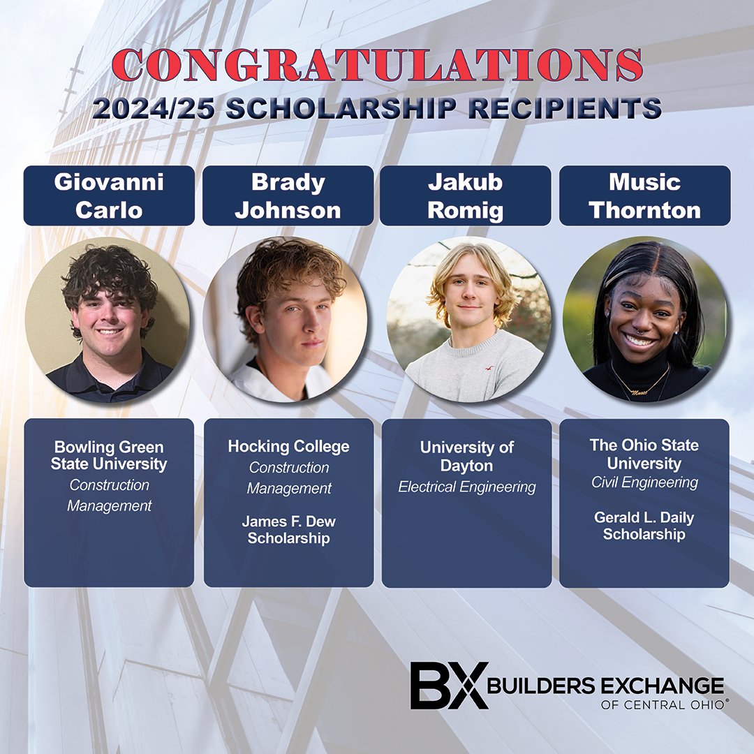 Builders Exchange (@bxofcentralohio) on Twitter photo $175,000 has been awarded to 61 students pursuing construction-related degrees for the 2024/25 school year!
@ginocarlo11 @officialbgsu @bradyjohnson2006 <a href="/TollesTech/">Tolles Career & Technical Center</a> <a href="/HockingCollege/">Hocking College</a> @musicmichelee @osuengineering <a href="/JakubRomig/">Jakub Romig</a> @universityofdayton <a href="/BXofCentralOhio/">Builders Exchange</a> $175,000 has been awarded to 61 students pursuing construction-related degrees for the 2024/25 school year!
@ginocarlo11 @officialbgsu @bradyjohnson2006 <a href="/TollesTech/">Tolles Career & Technical Center</a> <a href="/HockingCollege/">Hocking College</a> @musicmichelee @osuengineering <a href="/JakubRomig/">Jakub Romig</a> @universityofdayton <a href="/BXofCentralOhio/">Builders Exchange</a>