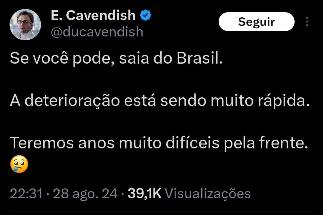 Boas notícias, pessoal.

Dudu Cavendish acaba de prever que teremos anos muito difíceis pela frente.

Ou seja: o Brasil terá anos incríveis pela frente!