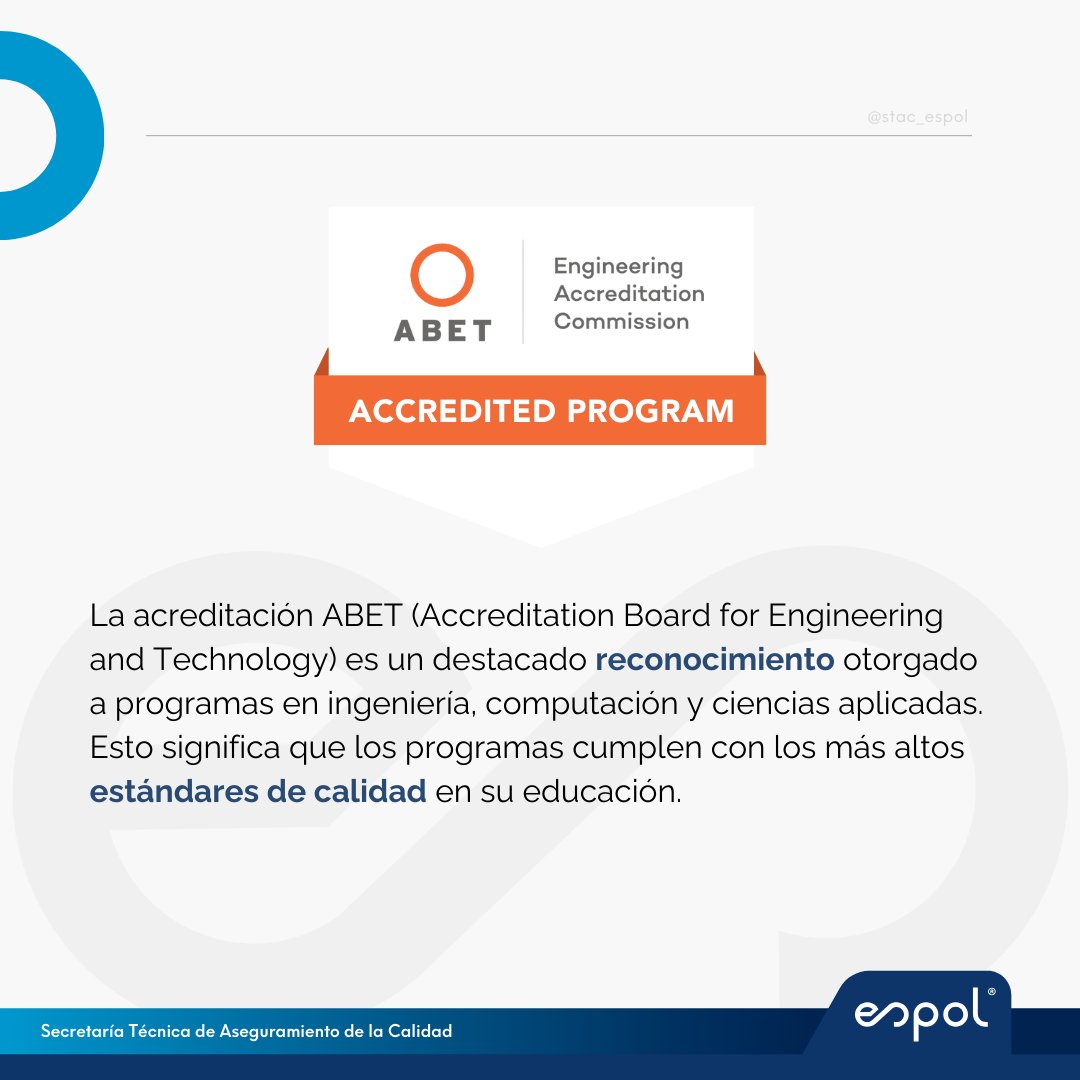 🎓✨ Los graduados de una carrera acreditada por ABET tienen una sólida base educativa y son capaces de liderar su profesión con innovación 🌍🚀

#AcreditaciónInternacional #CarreraAcreditada #abet #Espol #IngenieríaAcreditada #AcreditaciónUniversitaria