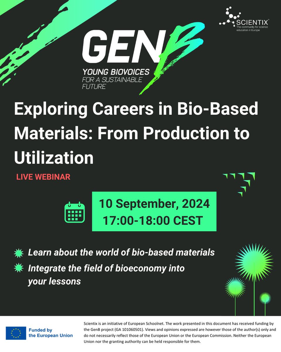 🚀Discover the future of bio-based materials♻️ in the upcoming @BIOVOICES webinar on 🗓️Sept 10, 17:00-18:00 CEST❗️

Perfect for educators looking to bring the #bioeconomy into their classrooms!👩‍💻

Register TODAY!👉bit.ly/GenB-Webinar