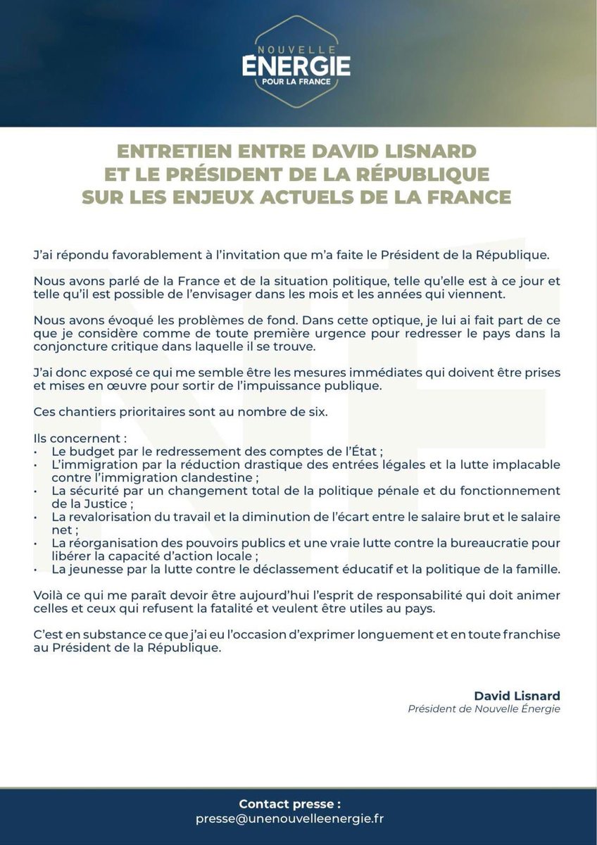 LesLisnard's tweet photo. Déclaration de @davidlisnard Président de @Nouv_Energie à l’issue de son entretien avec le président de la République. https://t.co/Q0upUAlbUd