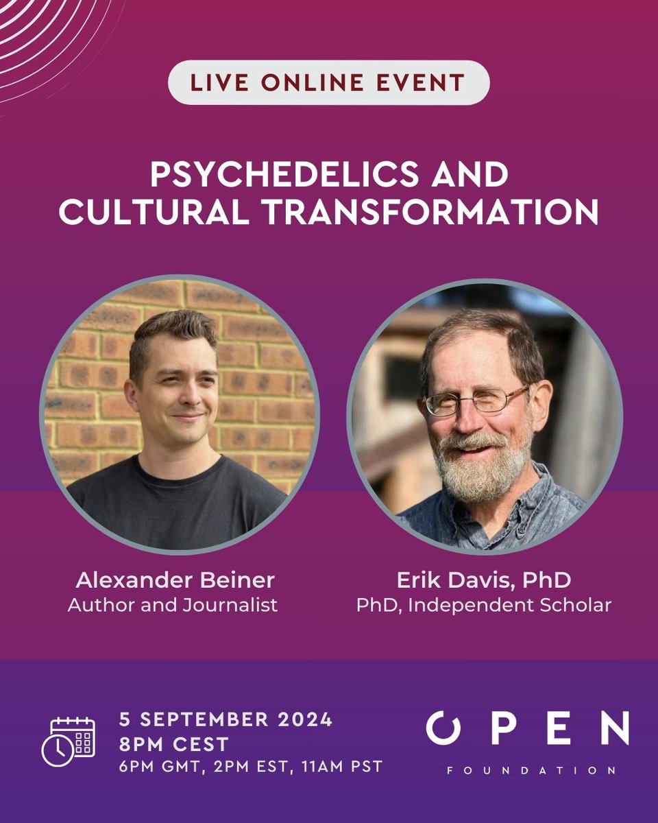 OPEN Foundation (@open_fndn) on Twitter photo 🌍 Revolution or Risk? Can psychedelics be a catalyst for societal change in a time of crisis?
Join us on Sept 5th, 8PM CET for an in-depth exploration with <a href="/AlexanderBeiner/">Alexander Beiner</a> & <a href="/erik_davis/">Erik Davis</a>.
RSVP Today: open-foundation.org/events/online/… 🌍 Revolution or Risk? Can psychedelics be a catalyst for societal change in a time of crisis?
Join us on Sept 5th, 8PM CET for an in-depth exploration with <a href="/AlexanderBeiner/">Alexander Beiner</a> & <a href="/erik_davis/">Erik Davis</a>.
RSVP Today: open-foundation.org/events/online/…