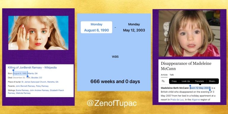 <a href="/humanvibration/">human vibration</a> Jon Benet born exactly 666 weeks before Madeleine McCann