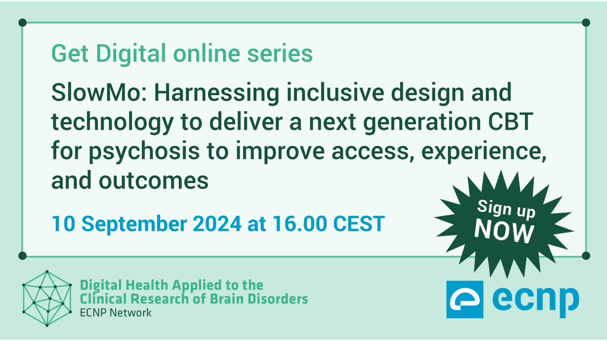 ECNP (@ecnptweets) on Twitter photo 🗓️ Save the date! Join us online on 10 Sept at 16:00 CEST for Get Digital with <a href="/AmybHardy/">Amy Hardy</a>.
🔍 Topic: ‘SlowMo: Inclusive design & tech for next-gen CBT in psychosis.’
More info ➡️ ow.ly/ilpr50T9QpC
#ECNP #Psychosis #DigitalHealth <a href="/Kingspsychol/">KCL Psychology</a> <a href="/KingsIoPPN/">Institute of Psychiatry, Psychology & Neuroscience</a> <a href="/MaudsleyNHS/">NHS Maudsley</a> 🗓️ Save the date! Join us online on 10 Sept at 16:00 CEST for Get Digital with <a href="/AmybHardy/">Amy Hardy</a>.
🔍 Topic: ‘SlowMo: Inclusive design & tech for next-gen CBT in psychosis.’
More info ➡️ ow.ly/ilpr50T9QpC
#ECNP #Psychosis #DigitalHealth <a href="/Kingspsychol/">KCL Psychology</a> <a href="/KingsIoPPN/">Institute of Psychiatry, Psychology & Neuroscience</a> <a href="/MaudsleyNHS/">NHS Maudsley</a>