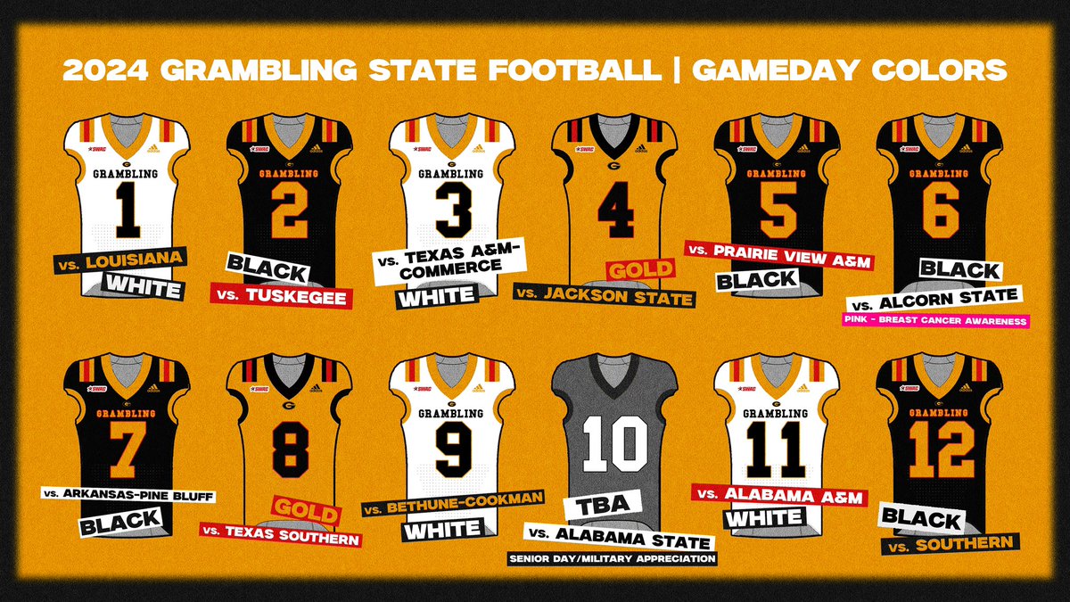 GSUFootball01's tweet photo. 𝐇𝐞𝐲 #𝐆𝐫𝐚𝐦𝐅𝐚𝐦, 𝐝𝐨 𝐲𝐨𝐮 𝐡𝐚𝐯𝐞 𝐲𝐨𝐮𝐫 𝐠𝐞𝐚𝐫 𝐫𝐞𝐚𝐝𝐲 𝐟𝐨𝐫 𝐭𝐡𝐞 𝐬𝐞𝐚𝐬𝐨𝐧?

Here are the updated game colors for the 2024 season😎

#ThisIsTheG | #RestoreOrder🐯 https://t.co/yrZGPyffGL