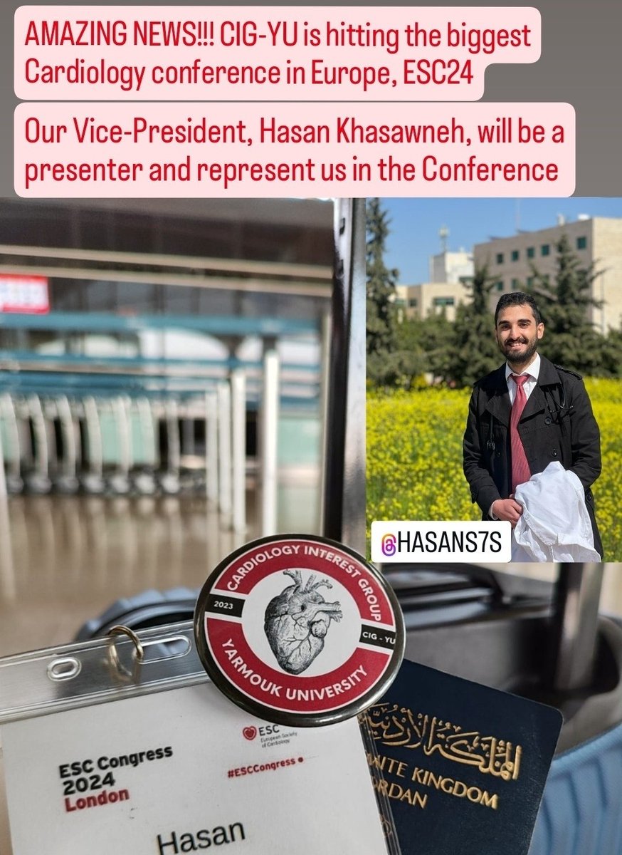 Cardiology Interest Group - Yarmouk University (@cig_yu) on Twitter photo Amazing news!!
CIG-YU is attending the #ESC2024.
Our Vice-President, Hasan Khasawneh, will represent us as a presenter in the conference.
Looking forward meet you all there.
<a href="/ESC_Journals/">European Society of Cardiology Journals</a> <a href="/khasawneh_hasan/">Hasan Ahmad Khasawneh</a> #ESCCongress Amazing news!!
CIG-YU is attending the #ESC2024.
Our Vice-President, Hasan Khasawneh, will represent us as a presenter in the conference.
Looking forward meet you all there.
<a href="/ESC_Journals/">European Society of Cardiology Journals</a> <a href="/khasawneh_hasan/">Hasan Ahmad Khasawneh</a> #ESCCongress