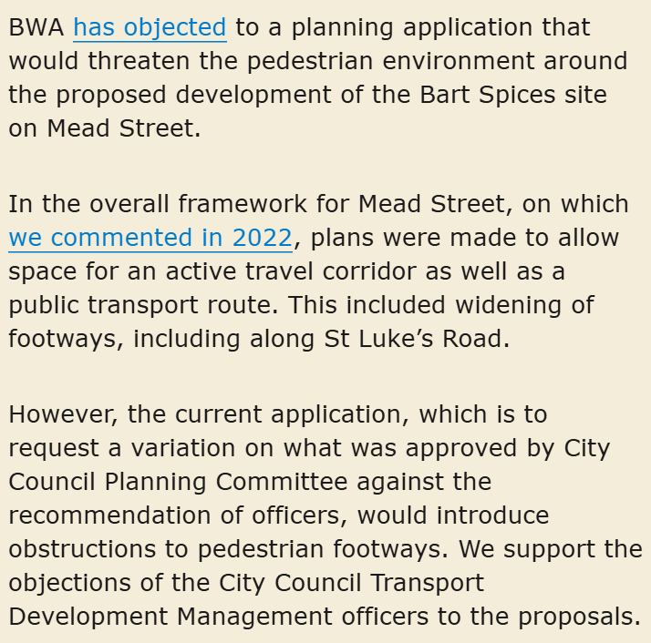 TRESA (@tresacic) on Twitter photo The Council's own Traffic Development Management officers, & Bristol Walking Alliance, object to the current application for the former Bart Spices site:
- pedestrian safety
- footway widths & obstructions
- future sustainable transport corridor
pa.bristol.gov.uk/online-applica…
<a href="/EdPlowden/">Ed Plowden @edplowden.bsky.social</a> The Council's own Traffic Development Management officers, & Bristol Walking Alliance, object to the current application for the former Bart Spices site:
- pedestrian safety
- footway widths & obstructions
- future sustainable transport corridor
pa.bristol.gov.uk/online-applica…
<a href="/EdPlowden/">Ed Plowden @edplowden.bsky.social</a>