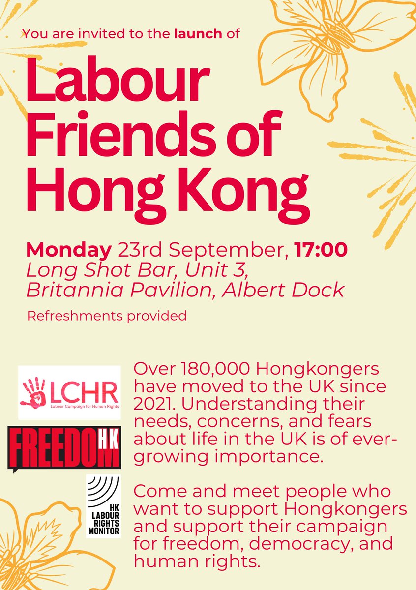 LabFriendsofHK's tweet image. 🥳Come and join us for the launch of Labour Friends of #HongKong at the @UKLabour Conference on Monday 23rd September, 5pm! 

Drinks and snacks provided 🍻