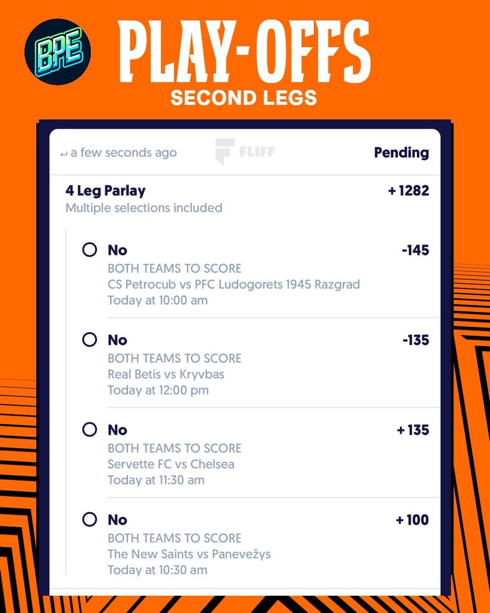 ffreddddd's tweet photo. Hi my names Fred and this is day 2 of me trying to hit a parlay! 
We were so close yesterday. FIFTEEEEEEN minutes away from hitting back to back lays! 

Legs: 4   Odds +1282   Risk .10u 

1. Petrocub BTTS No
2. Real Betis BTTS No
3. Chelsea BTTS No 
4. TNS BTTS No https://t.co/Gh9OolLWj9