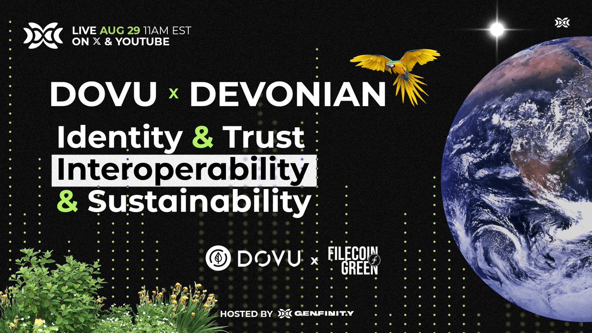 We’re LIVE in 15 minutes, join us!

11 am ET today (4 pm UK) Live on X

We’ll be talking about the work being done at DOVU, Devonian, &amp; Filecoin Green

▪️ Decentralised Identity &amp; Trust
▪️ Interoperability &amp; Sustainability

<a href="/IOV_OWL/">King Solomon</a> <a href="/flyinggazelle/">Matt Smithies (🕊️,🕊️)</a> <a href="/RRansil/">Red Ransil</a> <a href="/caitmoor/">caitlin</a> <a href="/henri_stern/">Henri Stern Ꙫ</a>