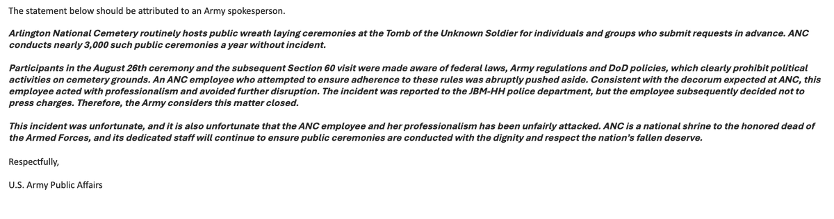 jseldin's tweet photo. NEW: @USArmy statement on visit by former President Donald Trump to Arlington National Cemetery on August 26 https://t.co/JCawhWLaiR