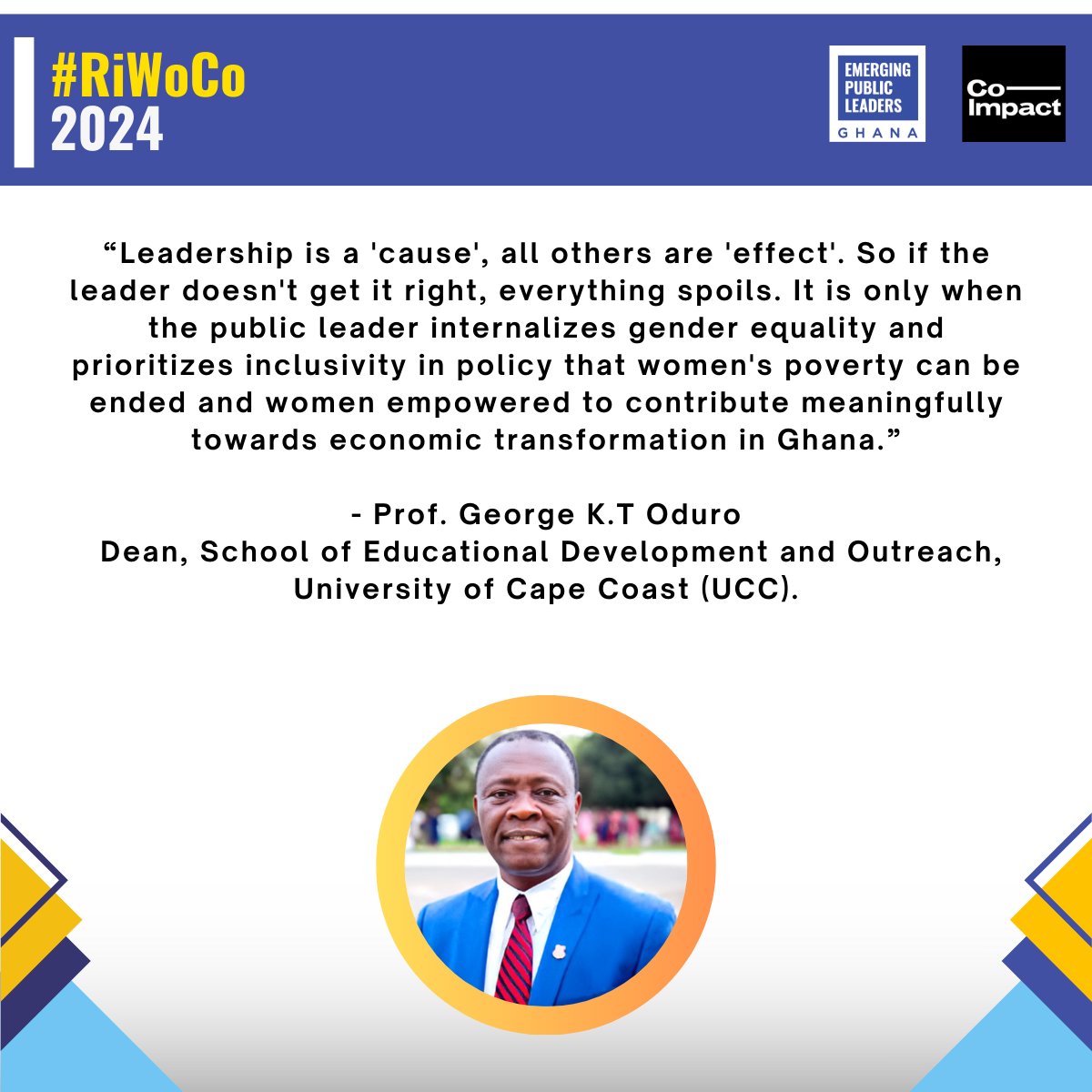 EPLeadersgh's tweet photo. #RiWoCo2024

Prof. George K.T. Oduro's inspiring quote from our recently held Gender Conference speaks volumes about the importance of leadership in tackling gender barriers.

@OHCSGhana 
#PublicServicesCommisionGh

With @coimpactcollab https://t.co/pR1kiponBn