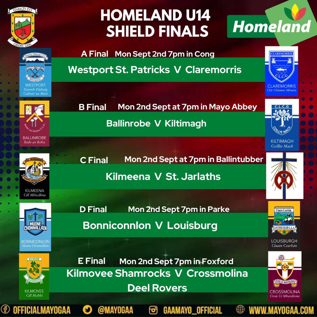 FIXTURES CONFIRMED!!!

Homeland  U14 championship finals

View all here ⬇️ ⬇️ ⬇️ 
mayogaa.com/2024/08/29/hom…
<a href="/westportgaa/">Westport GAA</a> <a href="/claremorrisgaa/">Claremorris GAA</a> <a href="/ballinrobegaa/">Ballinrobe GAA & LGFA</a> <a href="/KiltimaghGAA/">Kiltimagh GAA</a> <a href="/KilmeenaGAA/">Kilmeena GAA</a> <a href="/easterngaels/">Eastern Gaels Gaa</a> <a href="/BallyhaunisGAA/">Ballyhaunis GAA & LGFA 🔴⚫️</a> <a href="/bonniconlongaa/">Bonniconlon Gaa</a> <a href="/LouisburghGAA/">Louisburgh GAA & LGFA</a> <a href="/KilmoveeGAA/">Kilmovee Shamrocks</a> <a href="/DeelRoversGAA/">CrossmolinaGAA</a>