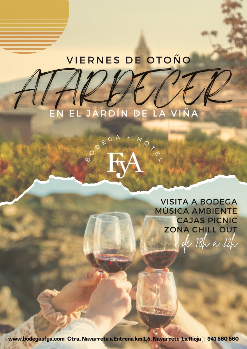 Reeditamos los atardeceres en #otoño. Disfruta de la #vendimia en #LaRioja sin reserva: picnic, chill out, visita a bodega y música (30/08 no se realizará por evento privado) bodegasfya.com / 941 560 560 / reservas@bodegasfya.com
#Bodega #Rioja #Visitas #Enoturismo #vino