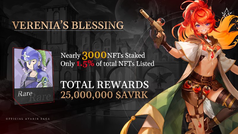avariksaga's tweet image. Bondkeepers, your dedication hasn’t gone unnoticed—waifu is seriously impressed!

Verenia’s Blessing has raised the stakes higher than ever:

✨ Total NFTs Staked: Nearly 3,000 NFTs 
💎 Total NFTs Listed: Just 1.5% of the total supply

Enter now: avariksaga.com/blessings/dash…