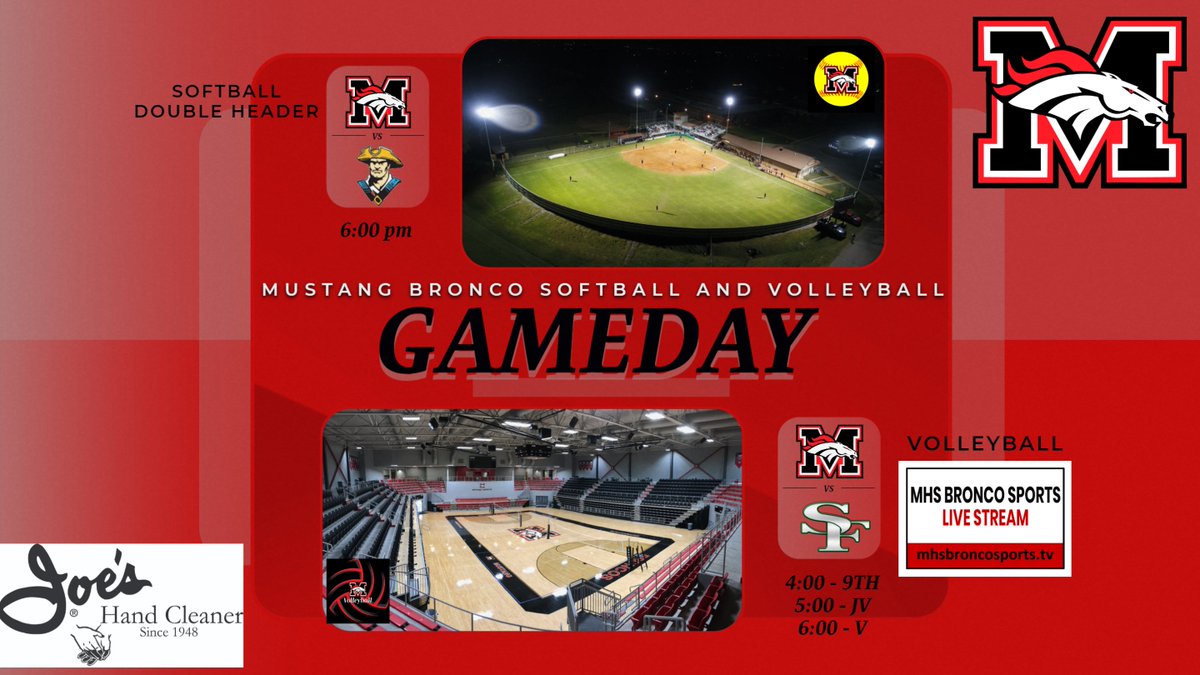 🐴🥎🏐 IT'S GAMEDAY FOR <a href="/MustangBroncoSB/">Mustang Broncos Softball</a> &amp; <a href="/mhsbroncovb/">MHS Lady Bronco Volleyball</a>! Can't make it out?  Varsity Volleyball will be live streamed tonight: mhsbroncosports.tv

#GoBroncos #Horsepower
<a href="/MustangSchools/">Mustang Public Schools</a> <a href="/MHS_Broncos/">MHSBroncos</a> <a href="/MHStheStable/">The Stable</a> <a href="/MHSBroncosVoice/">MHSBroncosVoice</a> <a href="/Dawn2DuskPro/">Dawn 2 Dusk Productions</a>