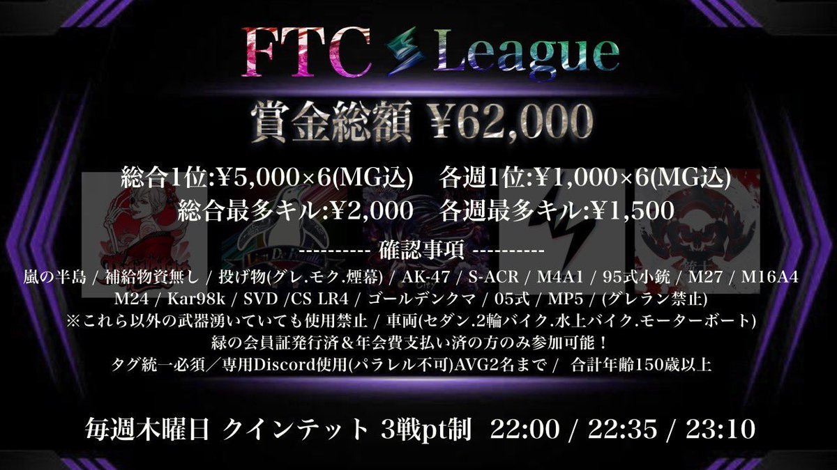 FTC_LE's tweet photo. FTC League - September -
━━━━━━━━━━━━
📆￤⚠️ 5・12・19・26日

⏰￤22:00-/22:35-/23:10-

・上位5チーム残留
・賞金総額¥62.000円
・配信あり

・応募方法
↳チーム名(読み方)
↳追加ID
↳���ーム番号
↳緑の会員証発行済
↳チームアイコン添付

⚠️応募締切 9/2 12:00〆

#AVG30 https://t.co/oi6dgElV8Y