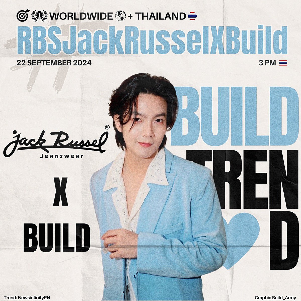 📢 BUILD TREND SCHEDULE 

🗓️ September 22nd 2024
#️⃣ RBSJackRusselXBuild
⏰ 3 PM 🇹🇭

🎯 The goals set by Build_FamilyFC: trending 🥇 both worldwide 🌍 &amp; in Thailand 🇹🇭 

Let’s get ready, Beyourluves! 💙💪🏻

#BuildJakapan #Beyourluve
#NewsinfinityEntertainment
<a href="/JakeB4rever/">BIU.</a>