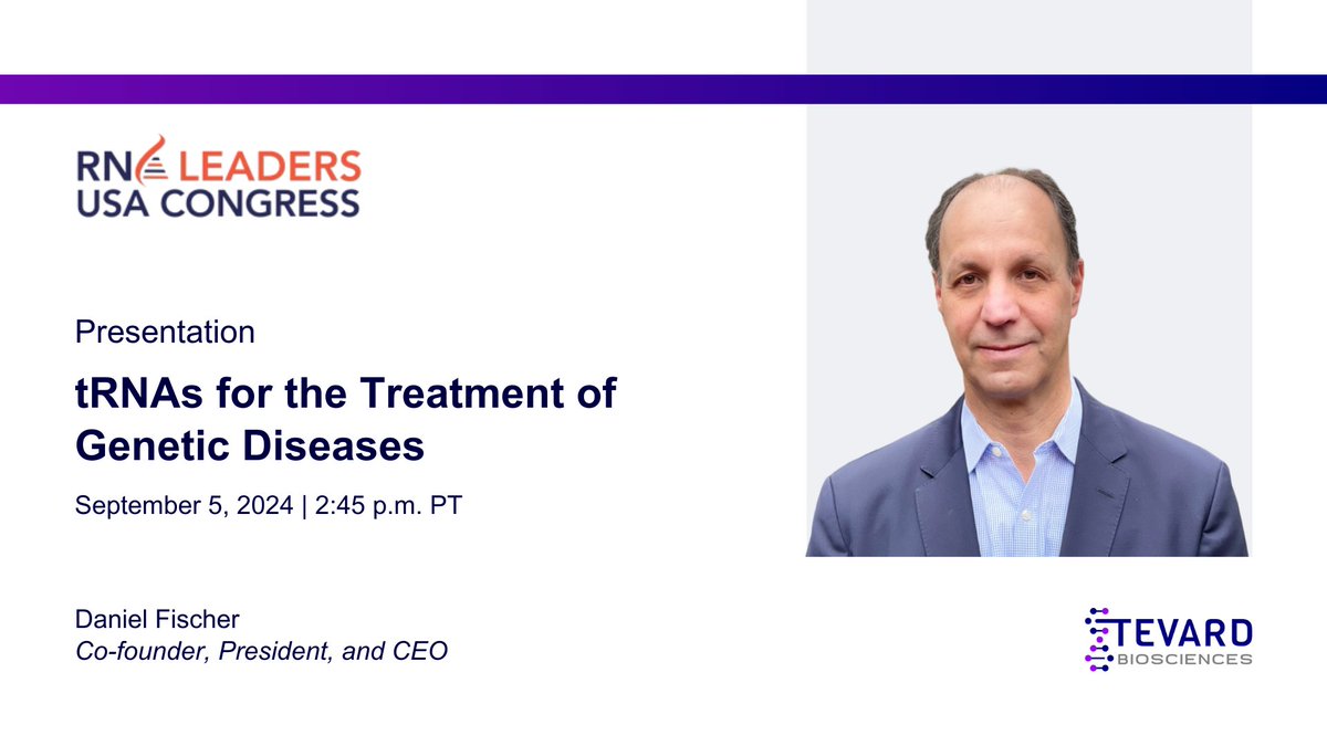 TevardB's tweet image. We're looking forward to the upcoming RNA Leaders USA Congress. Tevard CEO, Daniel Fisher, will give a presentation on our work to pioneer novel tRNA therapeutics and how our platform is enabling us to advance our pipeline. See the full agenda: bit.ly/3T9n295 #RNALeaders