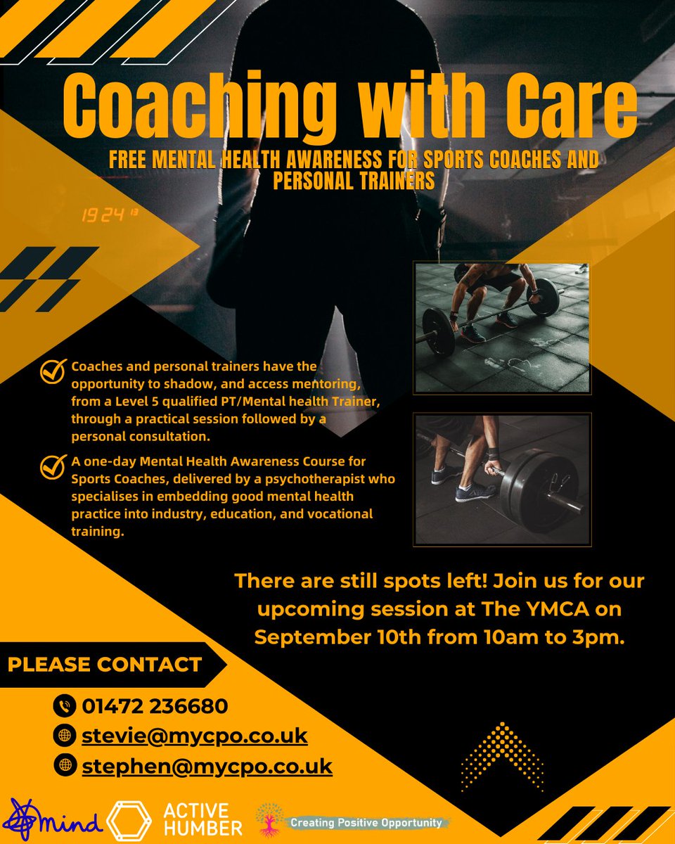 Creating Positive Opportunity (@cpogrimsby) on Twitter photo π£Calling all Sports Coaches and Personal Trainers, Don't miss out on this fantastic opportunityπ£
There are still spots left! Join us for our upcoming session at the YMCA on September 10th from 10am to 3pm.
Contact: Stevie@mycpo.co.uk to book your space ποΈββοΈ π£Calling all Sports Coaches and Personal Trainers, Don't miss out on this fantastic opportunityπ£
There are still spots left! Join us for our upcoming session at the YMCA on September 10th from 10am to 3pm.
Contact: Stevie@mycpo.co.uk to book your space ποΈββοΈ