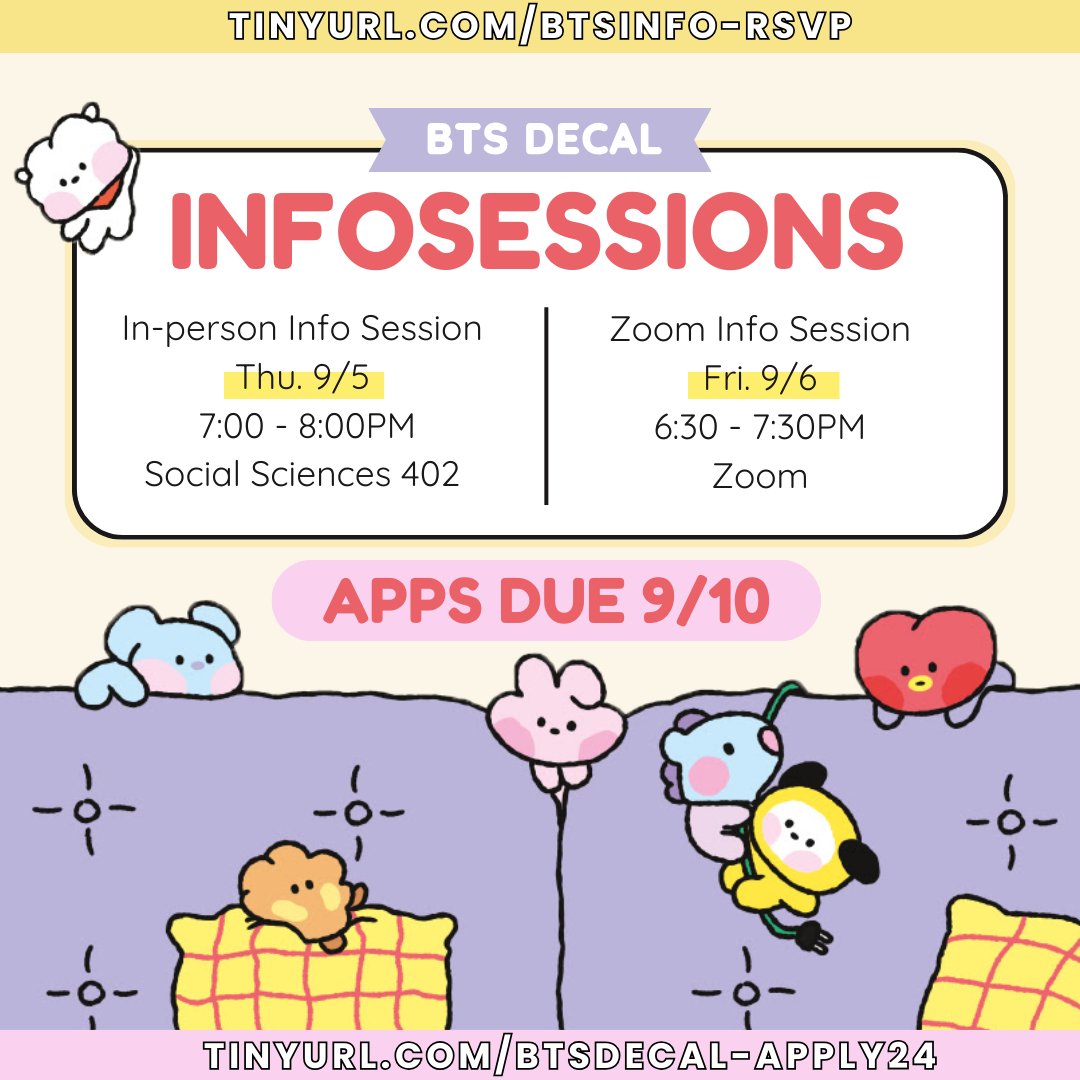 NextGenBTS's tweet photo. The BTS Decal is back for Fall 2024! 🐻💜 
Applications are now open and due 9/16 @ 11:59PM. You must attend an infosession and apply to take the 2 unit class. We can't wait to see you! https://t.co/GXwYx0fwcU