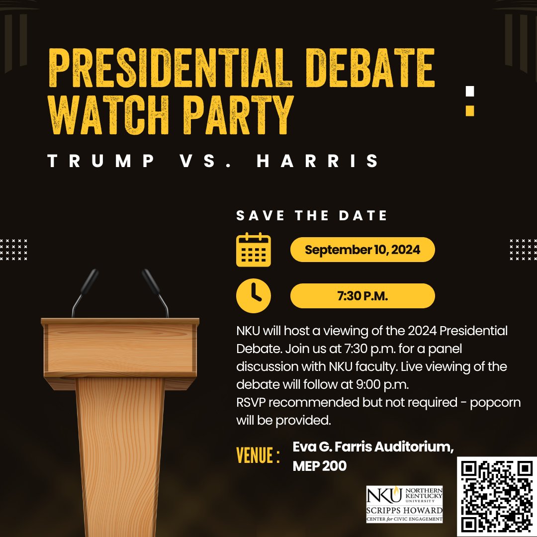 Join <a href="/nkuedu/">Northern Kentucky University</a> on September 10th for a live viewing of the 2024 Presidential Debate!  We will begin with a panel discussion at 7:30 p.m., followed by the debate at 9:00 p.m. Snacks will be provided 🍿🍿
RSVP recommended but not required.

<a href="/nku_sga/">NKU SGA</a> #2024PresidentialDebate #NorseUP