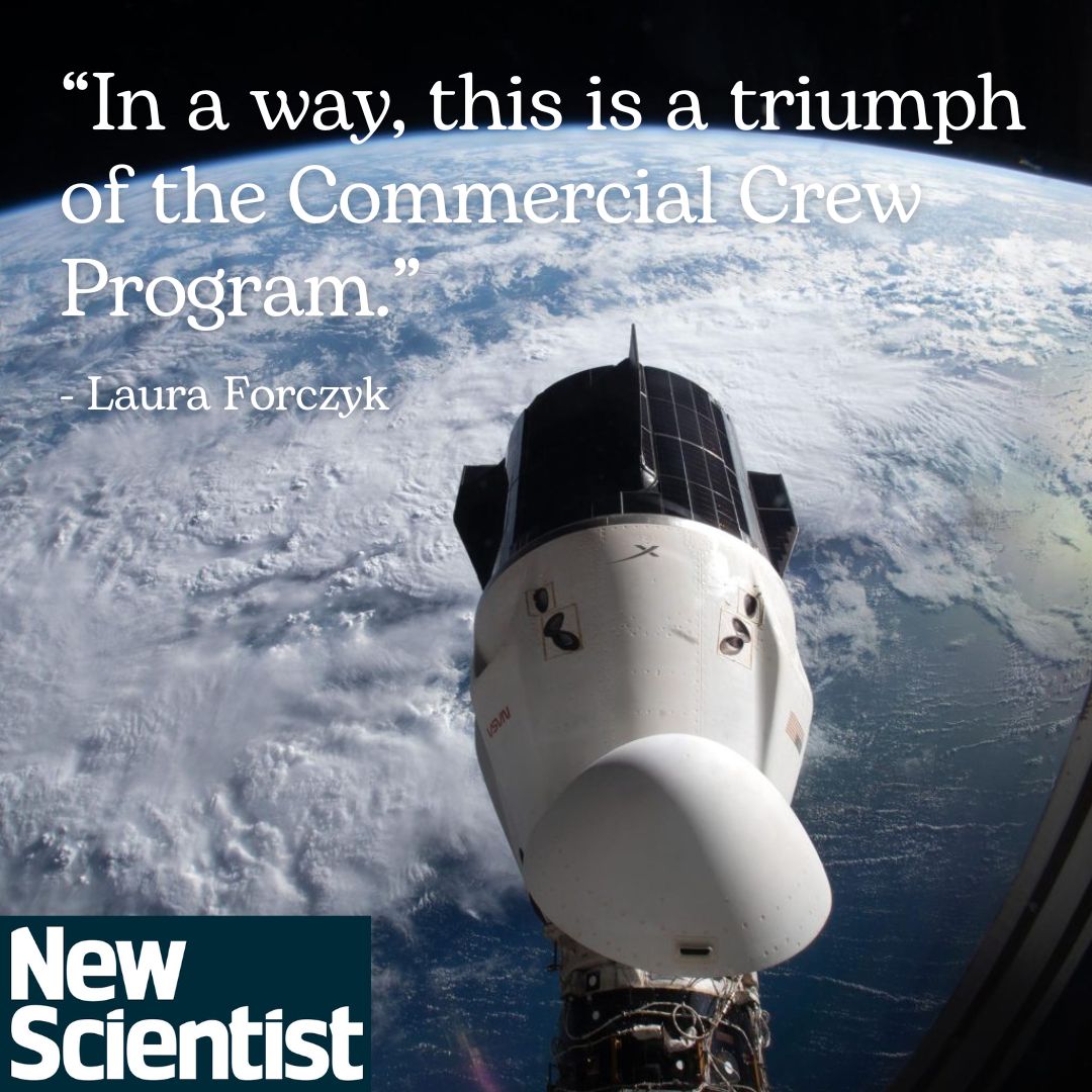 “If they had only selected one provider, it would have been Boeing, because SpaceX was the risky prospect at the time. So in a way, this is a triumph of the Commercial Crew Program,” our Executive Director <a href="/LauraForczyk/">Laura Seward Forczyk 🌙💫🚀</a> told <a href="/newscientist/">New Scientist</a>.

Read more: newscientist.com/article/244542…
