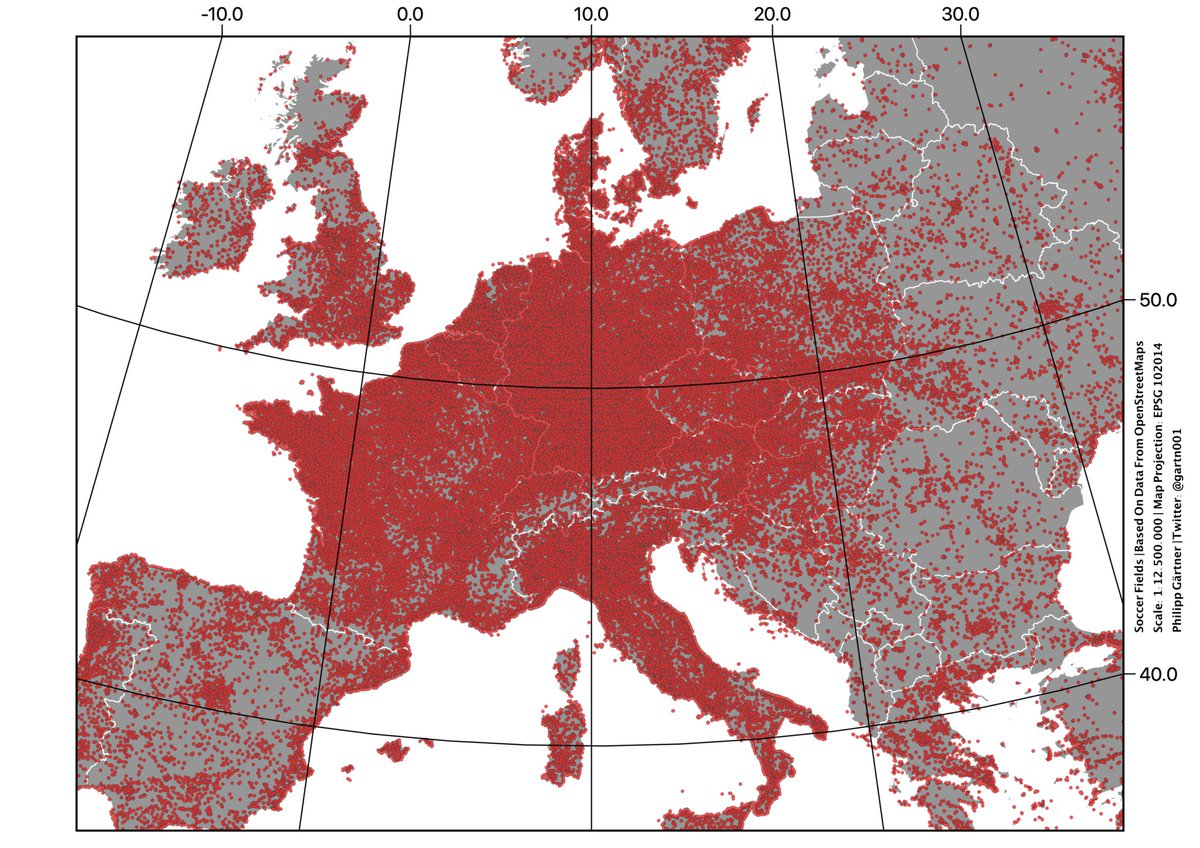 Every soccer field (football pitch) in Europe. 
Now I need to find all the hockey rinks in Canada ...
image: Philipp Gärtner @Mixed_Pixels