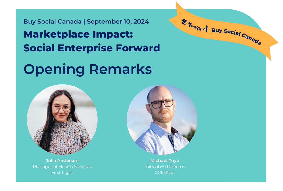 It's almost time for our September 10 event, Marketplace Impact: Social Enterprise Forward. 

In the opening session, we'll hear from social enterprise leaders Julia Andersen (<a href="/FirstLight_NL/">First Light</a>) and <a href="/mike_toye/">Michael Toye (he/him/il)</a> (<a href="/CCEDNet_RCDEC/">Canadian Community Economic Development Network</a>). 

Don't miss it: buff.ly/4ek48Vl