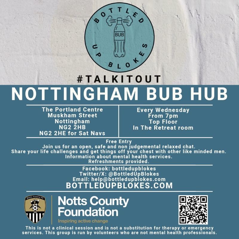 Notts County Foundation (@ncfcfoundation) on Twitter photo Missed it this week? ๐ค
<a href="/BottledUpBlokes/">Bottled Up Blokes CIC</a> will be at @your_portland every Wednesday, providing a safe space to chat and supportive sessions on mental wellbeing ๐ง
Get in touch with the guys or drop by Portland to find out more ๐จ๏ธ
#TalkItOut Missed it this week? ๐ค
<a href="/BottledUpBlokes/">Bottled Up Blokes CIC</a> will be at @your_portland every Wednesday, providing a safe space to chat and supportive sessions on mental wellbeing ๐ง
Get in touch with the guys or drop by Portland to find out more ๐จ๏ธ
#TalkItOut