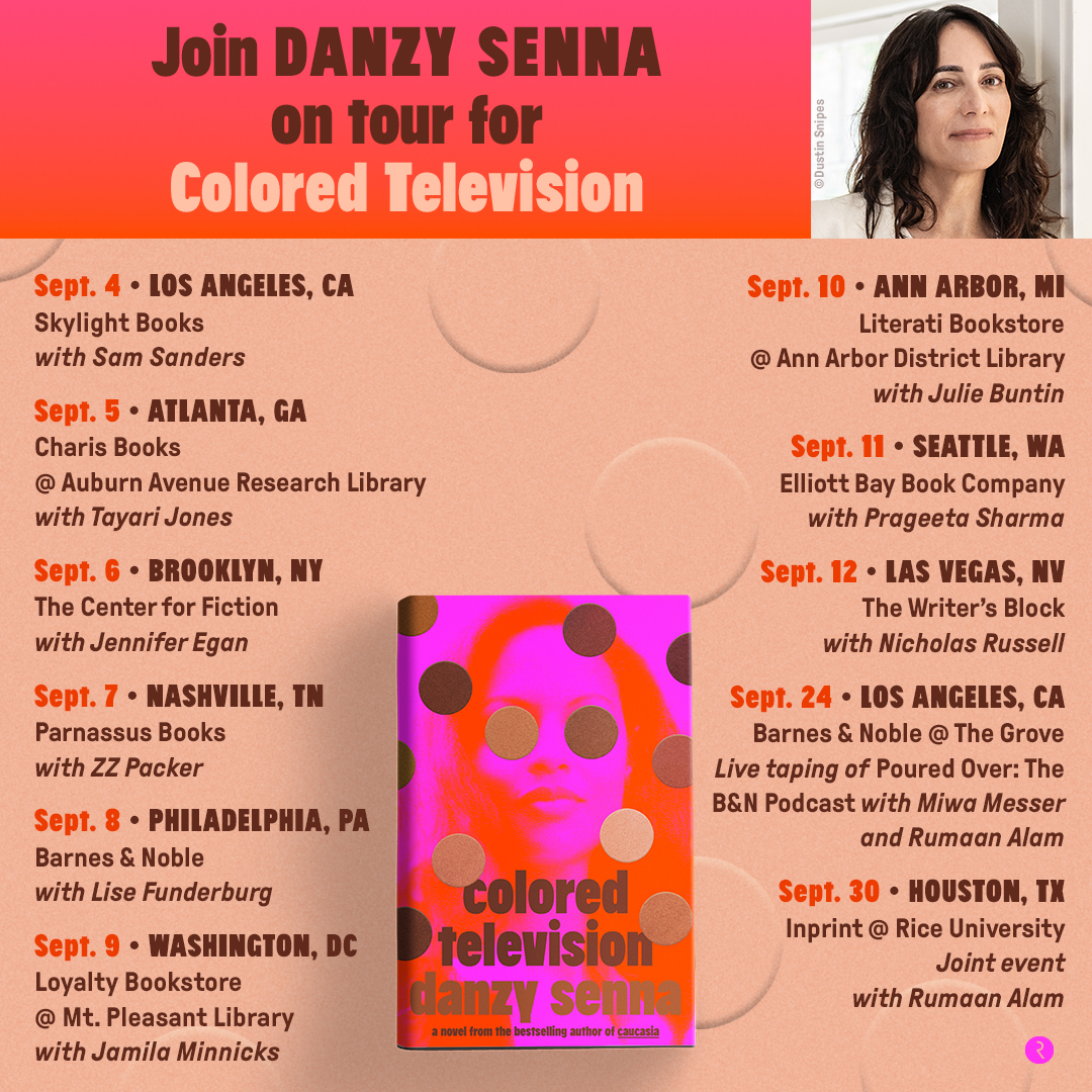 Mark your calendars, Danzy Senna fans! 📅❤️ The literary powerhouse is hitting the road to talk COLORED TELEVISION, available on 9/3! Don't miss the chance to see her in conversation in a city near you. 📺✨ Learn more: sites.prh.com/danzy-senna/ev…