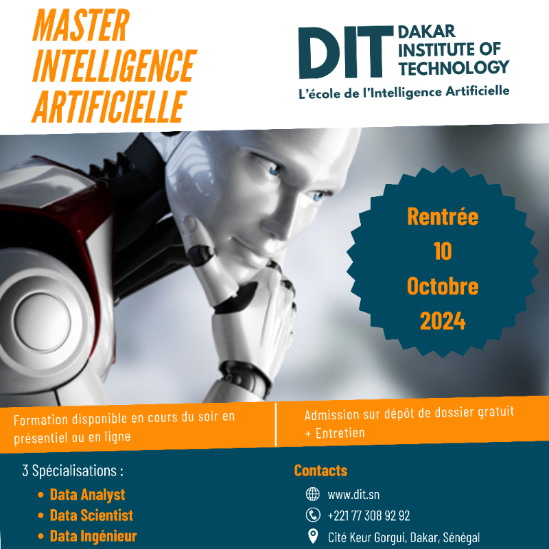 DITSenegal's tweet photo. 🌟 Intégrez le Master en Intelligence Artificielle ! 🌟

📅 Rentrée : 10 oct. 2024
🖥️ Cours en présentiel et à distance
📝 Admission : Dossier en ligne + Entretien

🎓 3 spécialisations : Data Science, Data Analyst, Data Engineer

💡 Combinez l'IA au Big Data ! 🚀