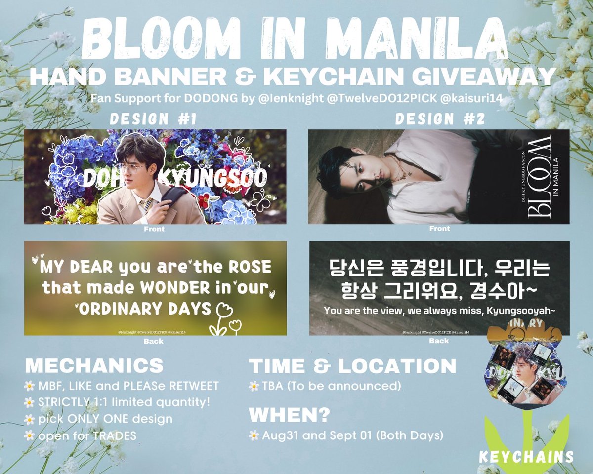 TwelveDO12PICK's tweet photo. ♡DO KYUNGSOO : BLOOM FANCON♡ 

fan support by  @TwelveDO12PICK @Ienknight @kaisuri14

The handbanner and keychain are available in D1 and D2! ✨

🌸 like and rt
🌸 strictly 1:1(limited freebies)
🌸 open for trades

#BLOOMINMANILA 
#BLOOMINMNL
#BLOOM_in_MANILA
#BloomInManila https://t.co/iuei97xlg3