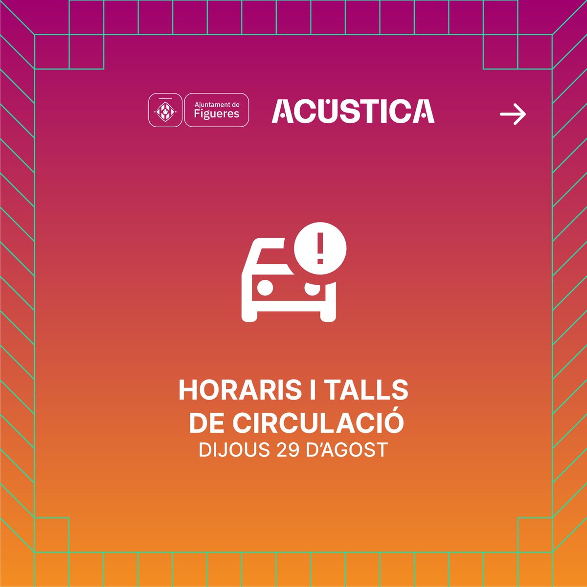 ajfigueres's tweet photo. ℹ️🚘🅿️ INFORMACIÓ DE SERVEI 
Dijous 29 d’agost 

❌🚘 Talls de circulació
🅿️ Aparcaments 

#Figueres #Acústica https://t.co/UqjTLvZCcv