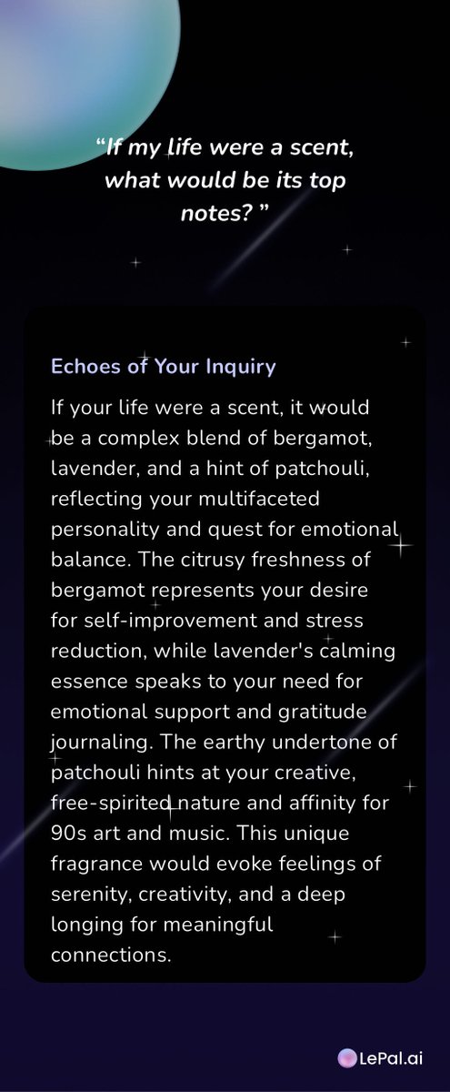 Start your day with a personalized fortune and affirmations from LePal's AI Crystal Ball 🔮 - one of our most popular features. 

The more you share (chat, journal, therapy/coach) and grow with us, the more tailored it'll be to you.

P.S. Reach level 5 to unlock!!!