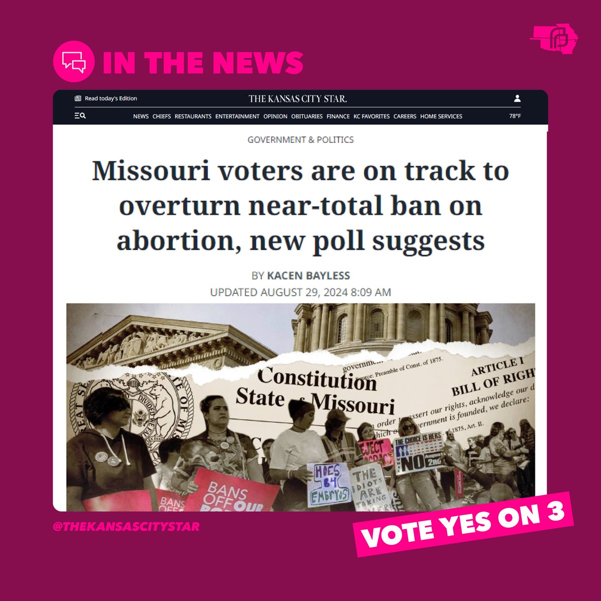 IN THE NEWS: A new poll shows Missouri voters could overturn the total abortion ban. This is a critical moment. Make your voice heard when it matters the most—vote YES on 3 this November to restore abortion access. 🔗: bit.ly/4e4RUjg