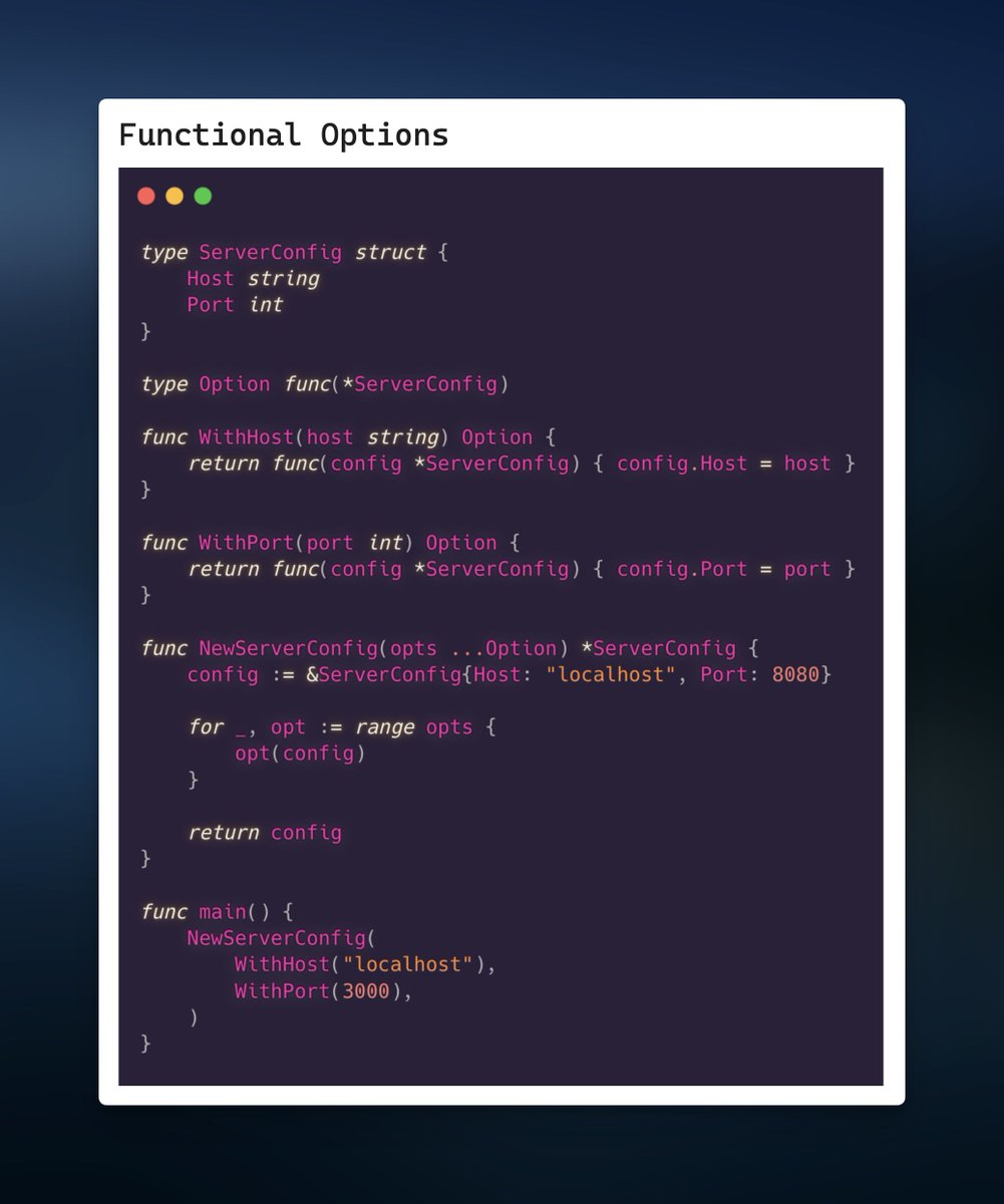 mihail_tirdea's tweet photo. Minimize the risk of breaking changes and ensure a more user-friendly API with Functional Options and Builder patterns.

Both patterns allow developers to customize only what they need, leaving the rest to sensible defaults. 

#golang #go https://t.co/ZxRuqrJn1V