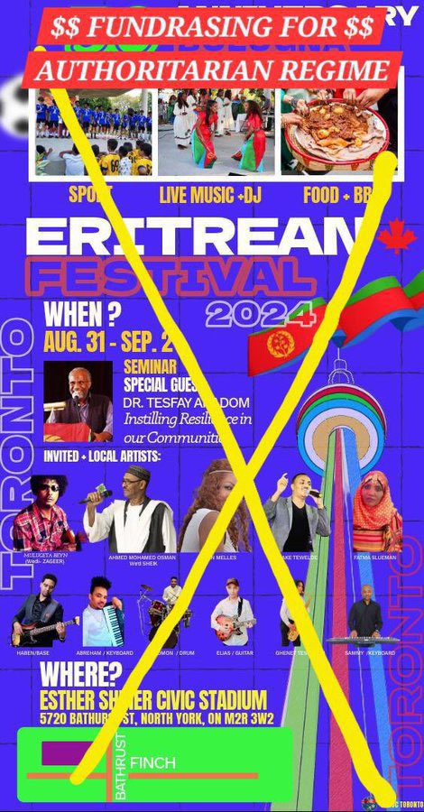 TeameKuflom's tweet image. #Toronto should safeguard its public spaces from the influence of the #Eritrean regime. Prevent these events to protect our community from foreign oppression. #CancelPFDJFestival #StopForeignInterference #TransnationalRepression #BlueRevolution @cityoftoronto @PasternakTO