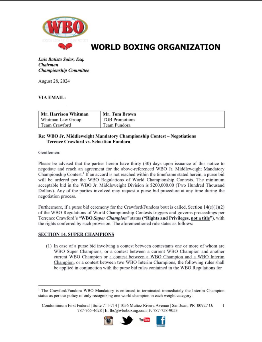 OutBoxedTV's tweet image. WBO has issued out a letter for the Jr. Middleweight Mandatory Championship Contest – they have 20 days for the Negotiations between Terence Crawford vs. Sebastian Fundora. 
#boxing #boxeo #outboxed #wbo