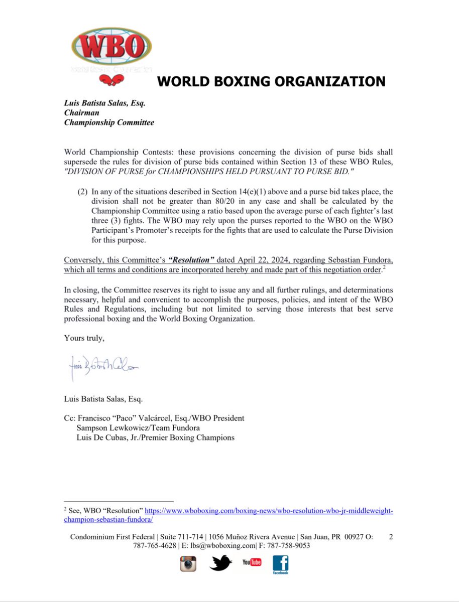 OutBoxedTV's tweet image. WBO has issued out a letter for the Jr. Middleweight Mandatory Championship Contest – they have 20 days for the Negotiations between Terence Crawford vs. Sebastian Fundora. 
#boxing #boxeo #outboxed #wbo