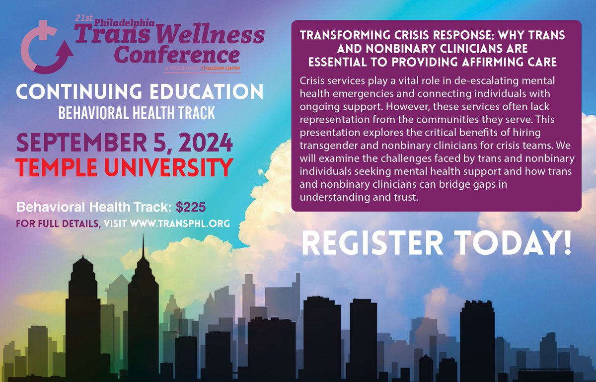 Representation matters! This workshop in the Behavioral Health Track focuses on crisis services and how hiring transgender and nonbinary clinicians helps support those with mental health needs. Register today on transphl.org.
