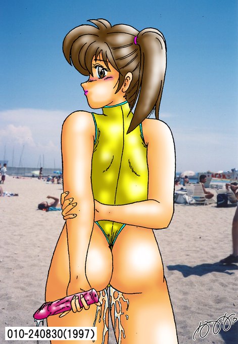 本日のイラスト(2024/8/30)
ビーチの食い込み娘
デジタル彩色の最初期の作品で、この少し前のバブル期に雑誌投稿用に描いた白黒絵の線画を取り込んで再着色したもの。HPの扉絵にも採用。
当時は須磨海水浴場あたりでも、こんな感じの水着娘が山ほどいた(バイブは持ってないけど)。良い時代でした 