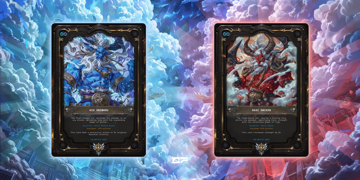 🔵🔴

One shielding all in serene defence.
The other a harbinger of unbridled flame. 

2 Infinity Oni cards.
You can only choose ONE to receive.

Repost, comment red or blue, and drop your wallet address.

You will receive the card you choose upon the launch of the game.